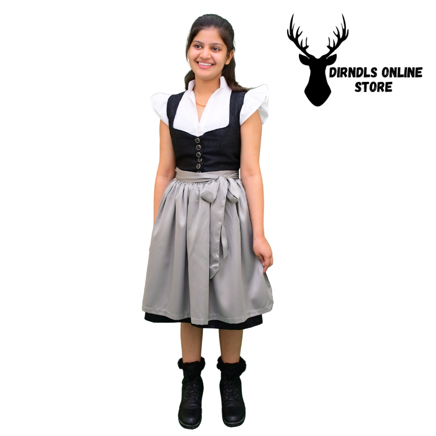 Charming Dirndl Dress Black Colour Grey Apron DD-0027