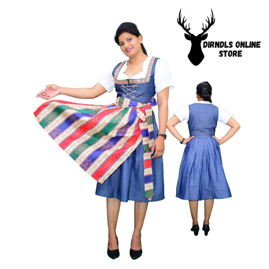 Classic Dirndl Dress Denim Fabric Blue Colour DD-0015