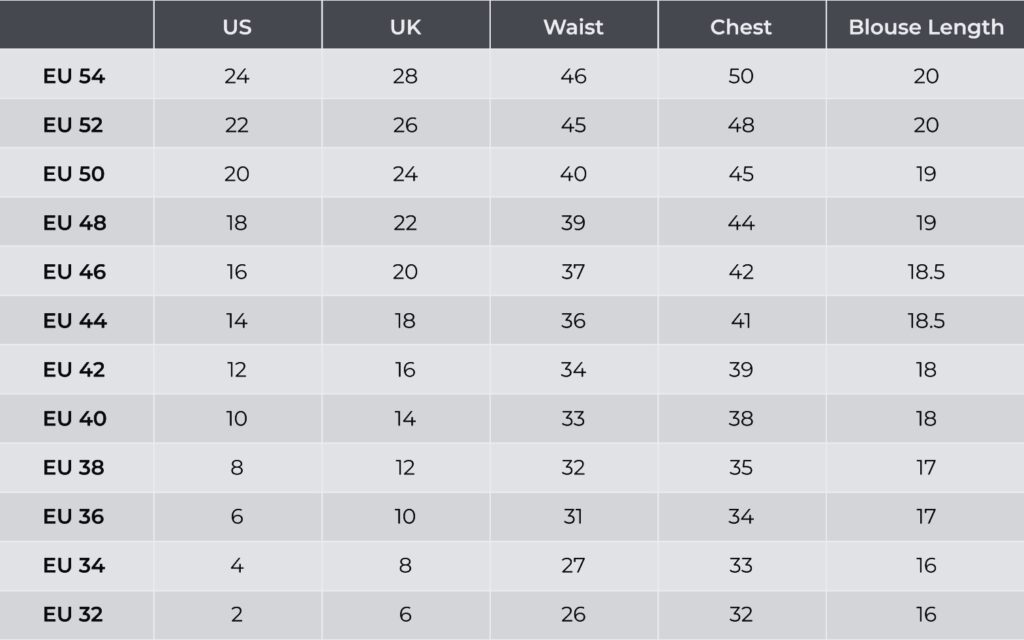 DIRNDL SIZE CHART