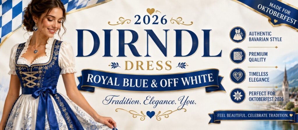 German Dirndl Dress Royal Blue and Off White 2026