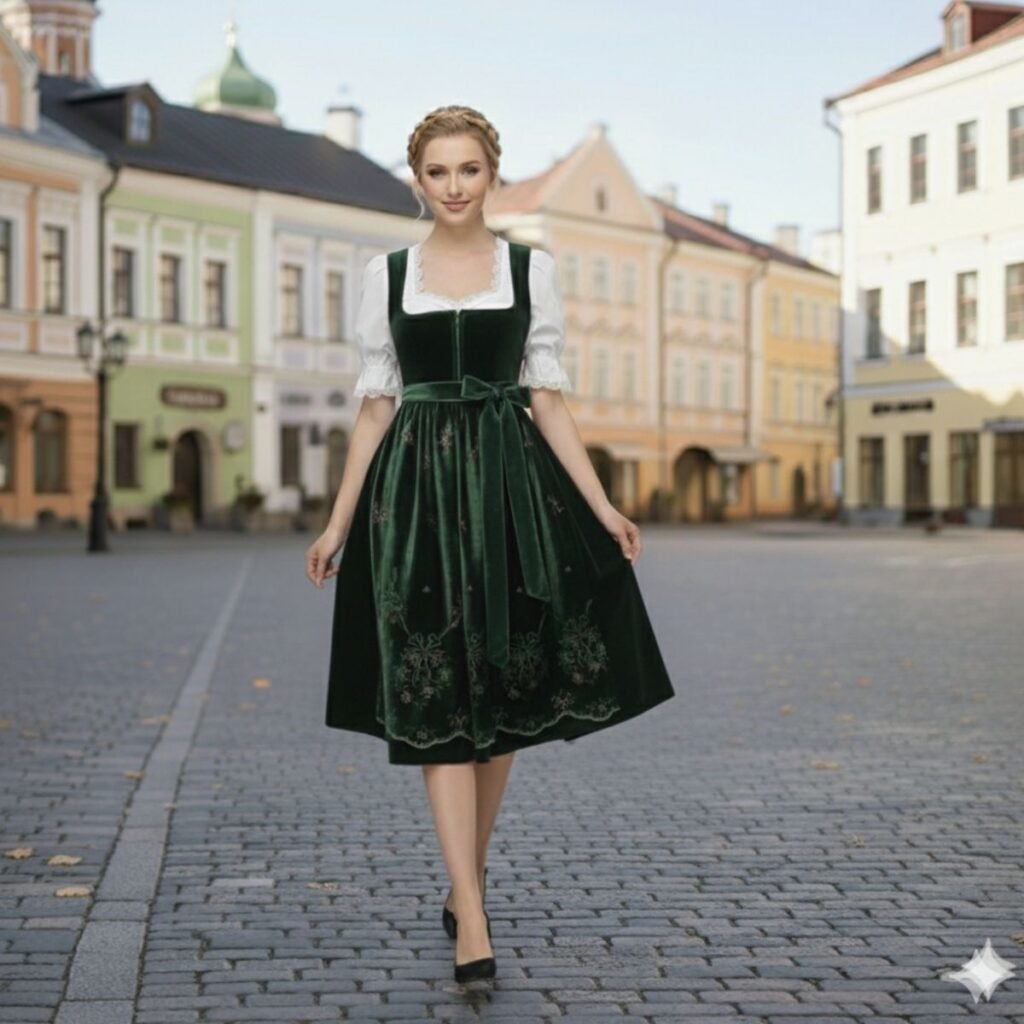 Vintage Dirndl 7 Embroidered Green Velvet Dirndl (1)