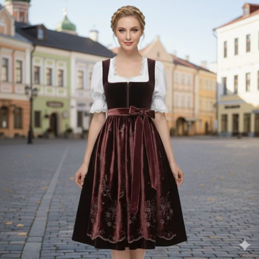 Vintage Dirndl 6 Maroon Velvet Dirndl with Embroidered Velvet Apron