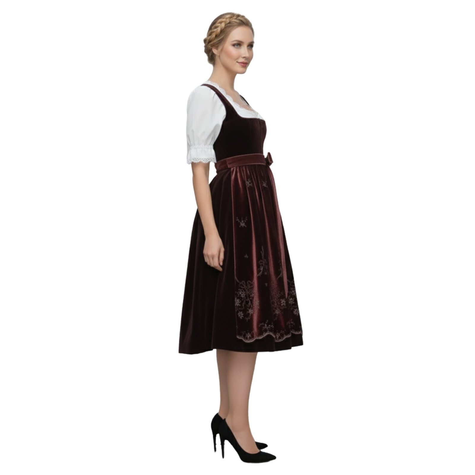 Maroon Velvet Dirndl with Embroidered Velvet Apron 2 Maroon Velvet Dirndl with Embroidered Velvet Apron - Image 2