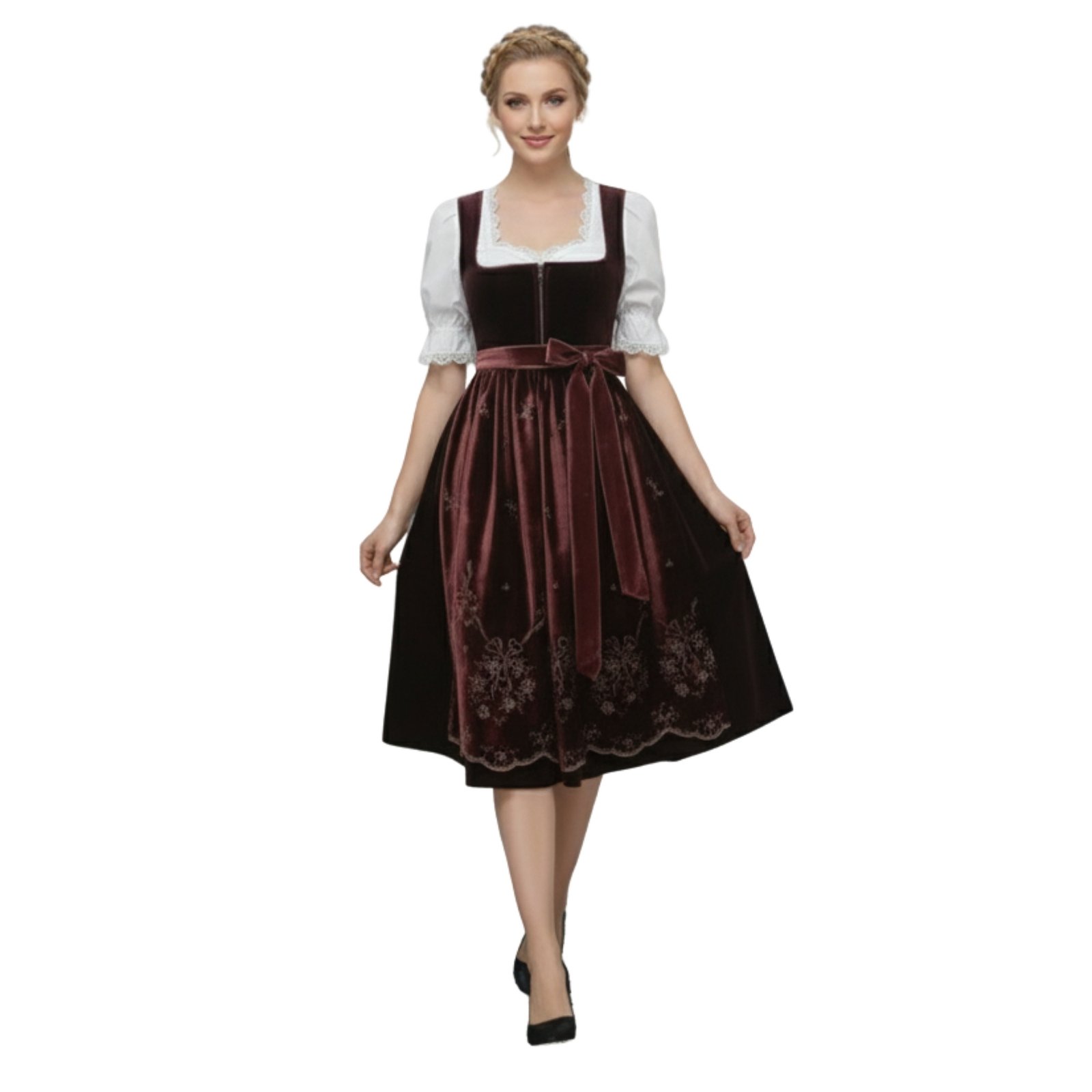 Maroon Velvet Dirndl with Embroidered Velvet Apron 3 Maroon Velvet Dirndl with Embroidered Velvet Apron