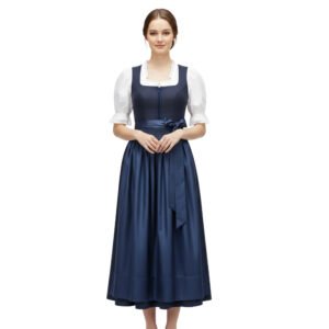 Navy Blue Cotton Dirndl Dress with Satin Silk Apron DD-64