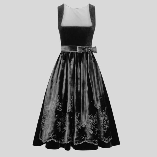 Black Gray Velvet Dirndl Dress with Embroidered Velvet Apron