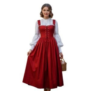 Authentic Red Cotton Vintage Dirndl Dress Traditional Bavarian Style
