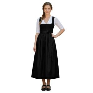 Black Cotton Long Dirndl Dress Classic Bavarian Style