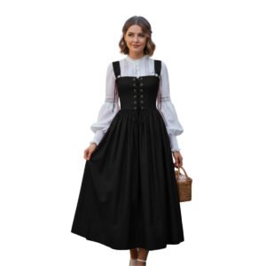 Black Cotton Vintage Dirndl Dress Traditional Bavarian