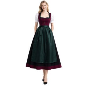 Burgundy black long dirndl dress with satin apron and white blouse