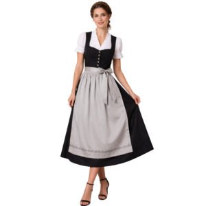 Black Long Bavarian Dirndl Dress with Gray Apron
