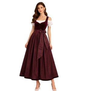 Burgundy Velvet Long Dirndl Dress Bavarian Clothing (2)