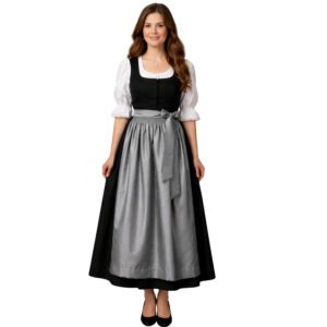 Elegant 3-Piece Long Black Grey Dirndl Dress with Blouse