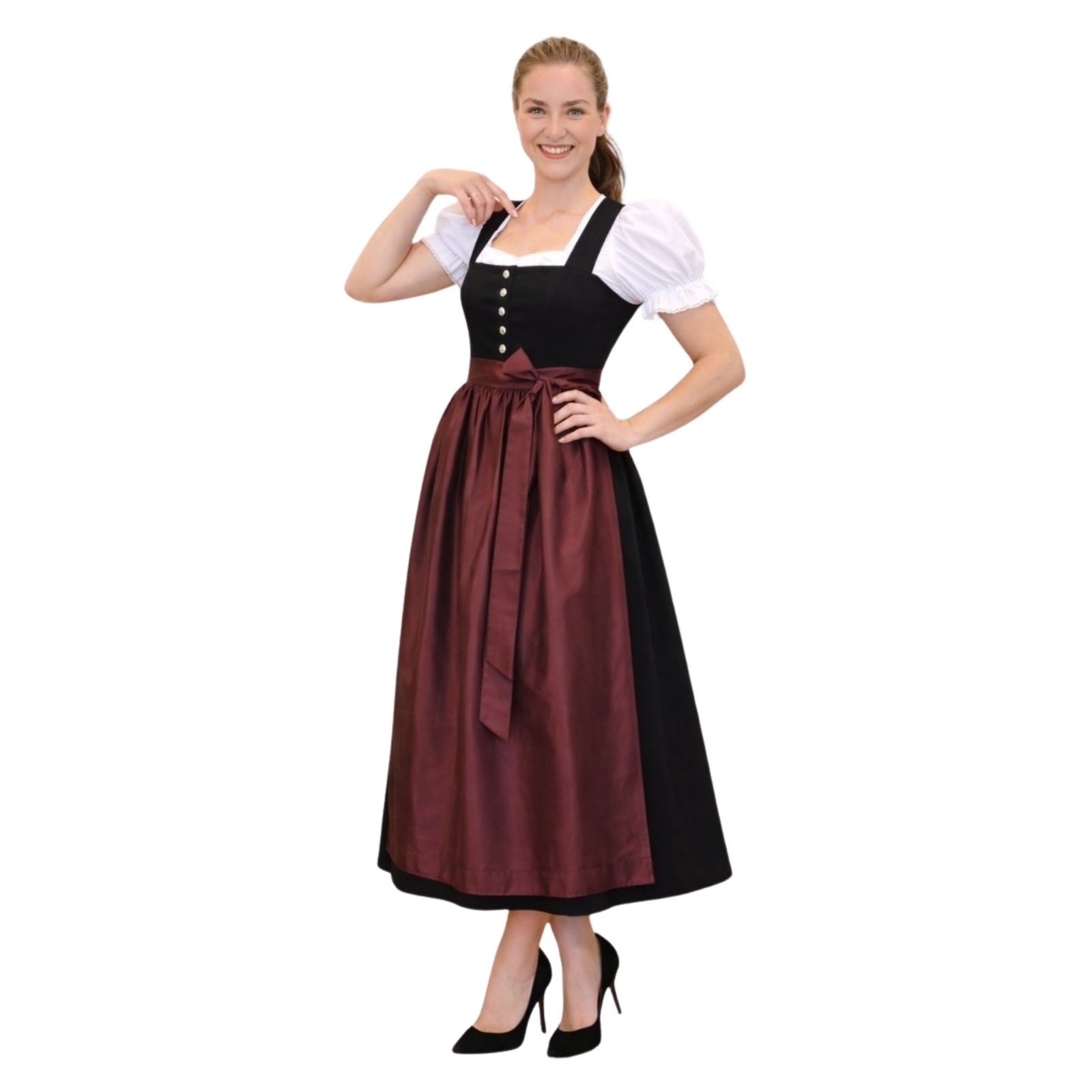 Stunning 3-Piece Long Black Dirndl Dress with Wine Apron 1 Stunning 3-Piece Long Black Dirndl Dress with Wine Apron