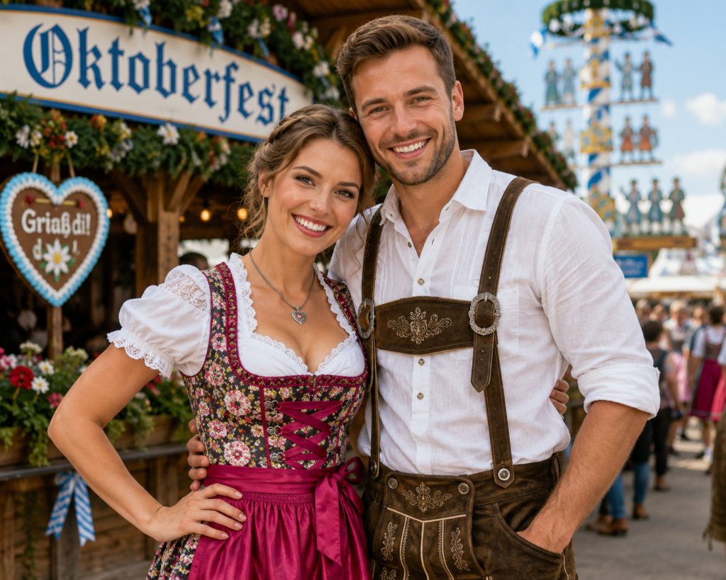 Couple wearing authentic German traditional outfit — dirndl dress and lederhosen at Oktoberfest