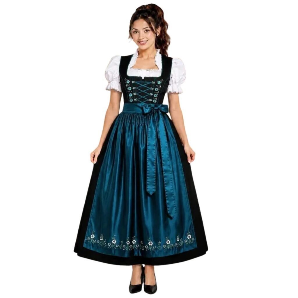 Authentic Dirndl Dress Black Teal – Oktoberfest Maxi