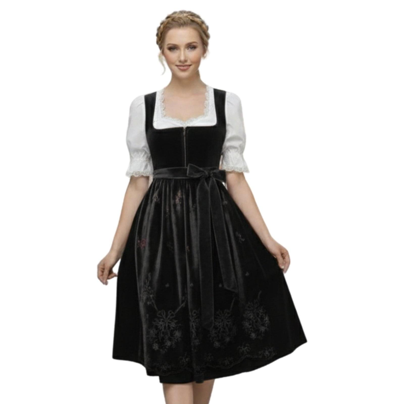 Black Gray Velvet Dirndl Dress with Embroidered Velvet Apron