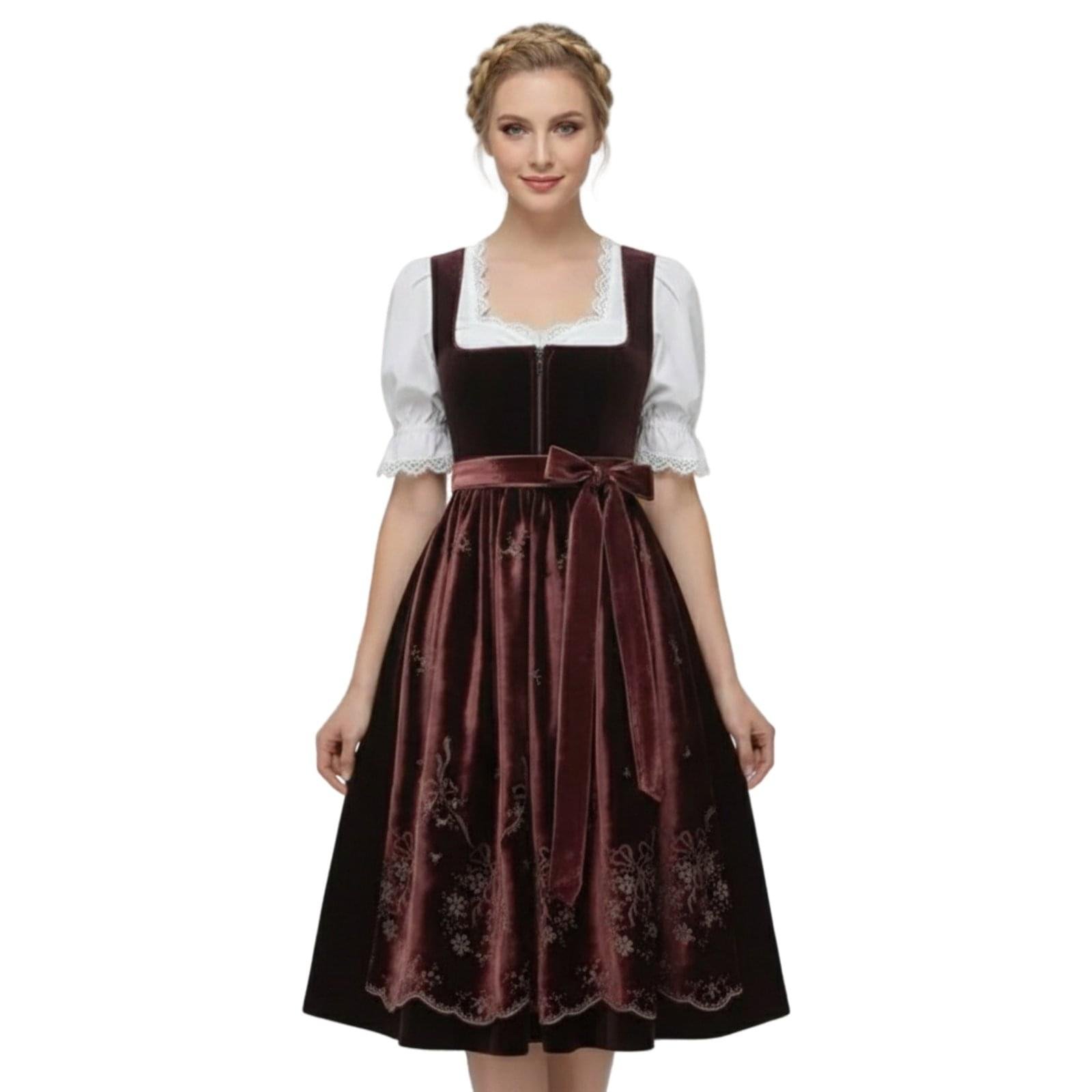Maroon Velvet Dirndl with Embroidered Velvet Apron 1 Maroon Velvet Dirndl